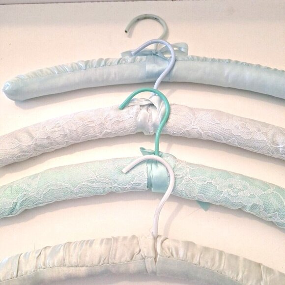 Blue & Green Padded Satin Lace Boudoir Lingerie Clothes Hangers 4 Lot - Picture 4 of 8